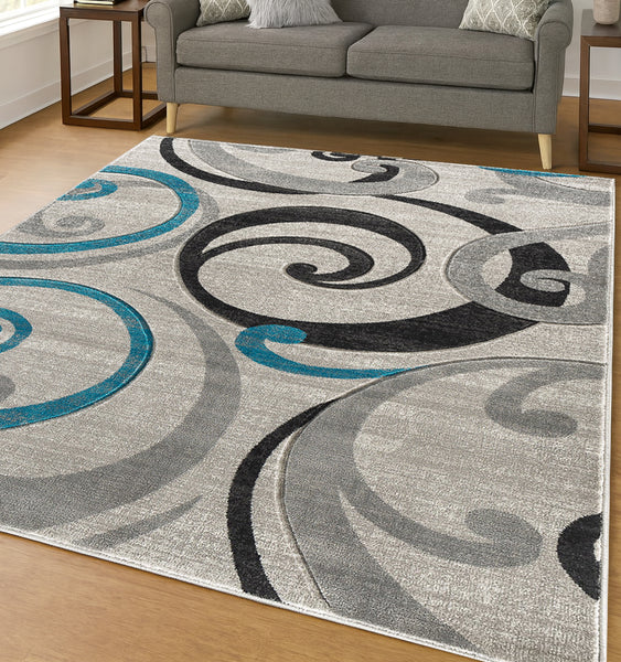 Turquoise Swirls Hand-Carved Soft Living Room Area Rug