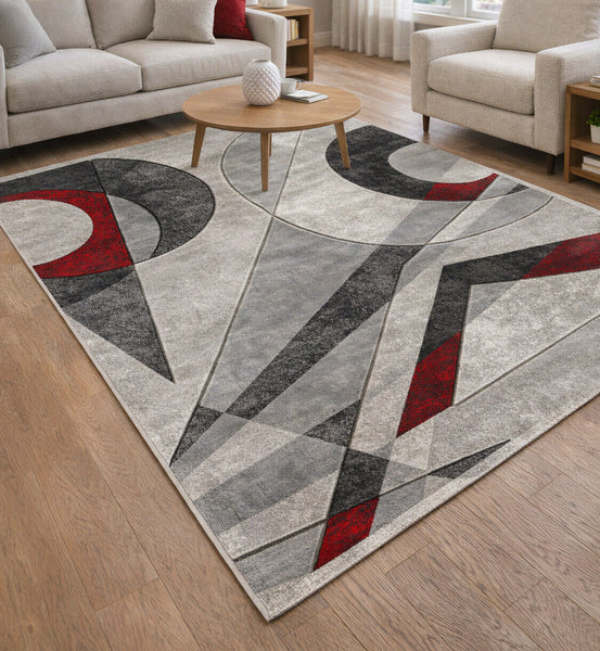 Silver Red Geometric Hand-Carved Soft Living Room Area Rug