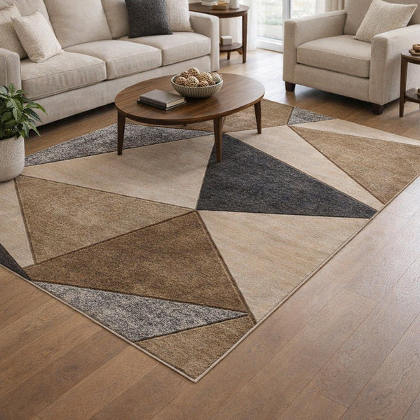 Beige Grey Geometric Triangles Hand-Carved Soft Living Room Area Rug