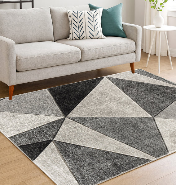 Silver Grey Geometric Triangles Hand-Carved Soft Living Room Area Rug