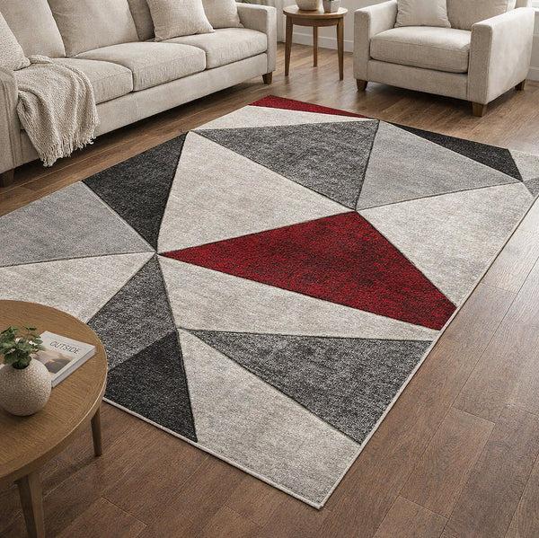 Red Silver Grey Geometric Triangles Hand-Carved Soft Living Room Area Rug
