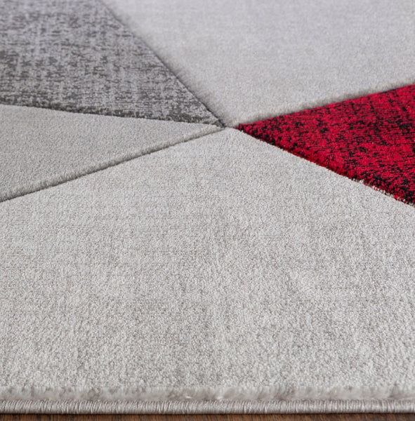 Red Silver Grey Geometric Triangles Hand-Carved Soft Living Room Area Rug