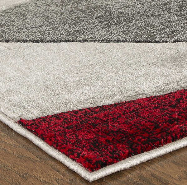 Red Silver Grey Geometric Triangles Hand-Carved Soft Living Room Area Rug