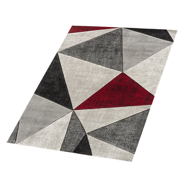 Red Silver Grey Geometric Triangles Hand-Carved Soft Living Room Area Rug
