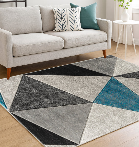 Turquoise Silver Geometric Triangles Hand-Carved Soft Living Room Area Rug