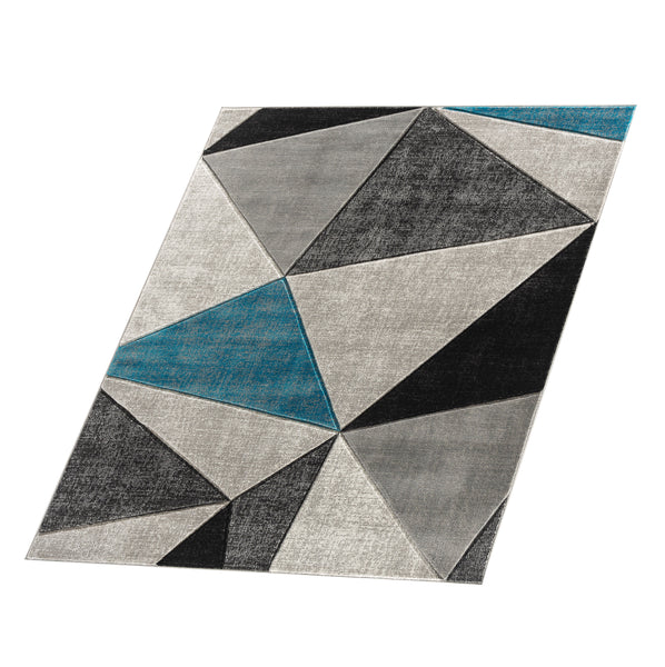 Turquoise Silver Geometric Triangles Hand-Carved Soft Living Room Area Rug