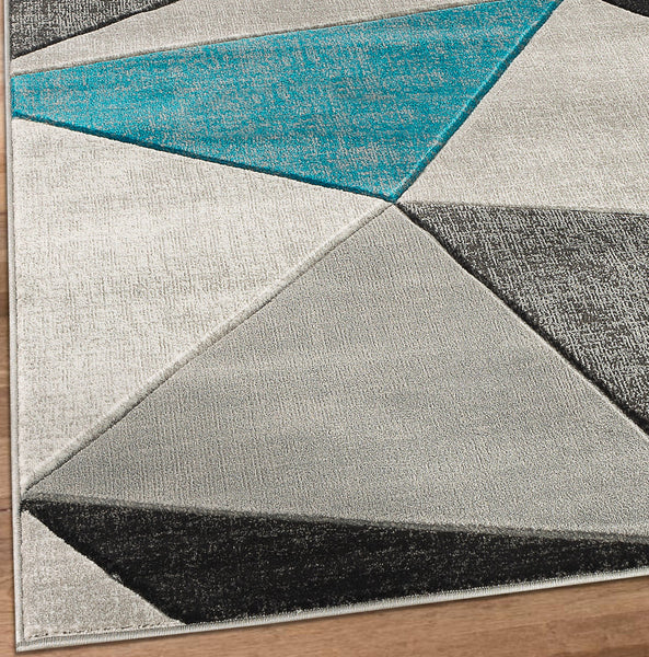 Turquoise Silver Geometric Triangles Hand-Carved Soft Living Room Area Rug