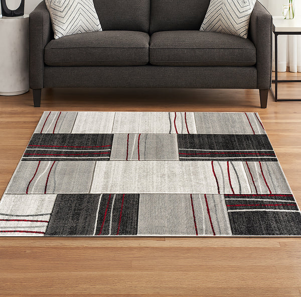 Red Silver Geometric Rectangles Hand-Carved Soft Living Room Area Rug