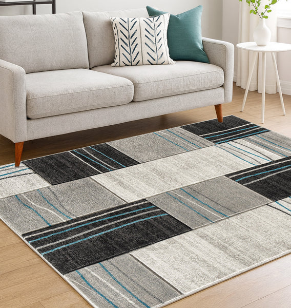 Silver Grey Turquoise Geometric Rectangles Hand-Carved Soft Living Room Area Rug