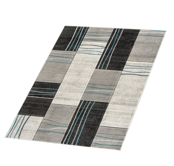 Silver Grey Turquoise Geometric Rectangles Hand-Carved Soft Living Room Area Rug