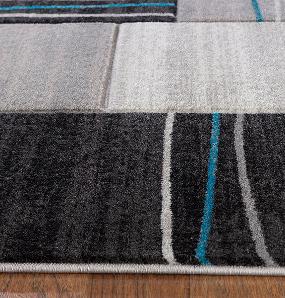 Silver Grey Turquoise Geometric Rectangles Hand-Carved Soft Living Room Area Rug
