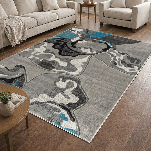 Grey Turquoise Abstract Hand-Carved Soft Living Room Area Rug