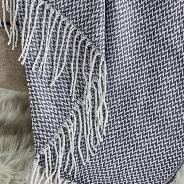 White Grey Geometric Soft Woven Knitted Cozy Lightweight Throw Blanket with Fringe Tassels - 50"x60"