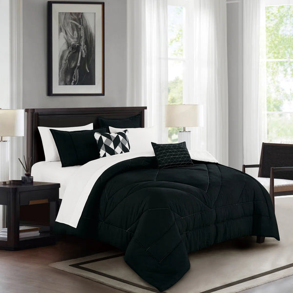 Black White Solid Geometric Modern 9 Piece Bed-in-a-bag Comforter Set