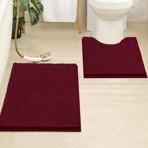 2 Piece Set Burgundy Red Soft Cozy Plush Chenille Bath Mat Bathroom Rug