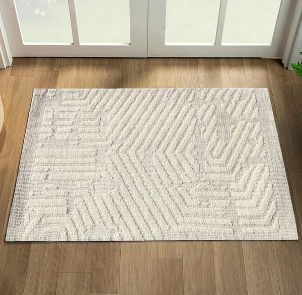 2x3 Ivory Light Cream Geometric Abstract Soft Pile Boho Minimal Door Mat Area Rug