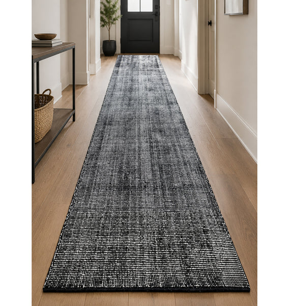 Black Modern Hand-Knotted Wool Runner Rug -  2'8" x 13'10"