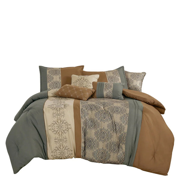 7 Piece Brown Grey Modern Striped Floral Bedding Comforter Set