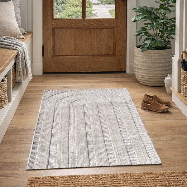 2x3 Ivory Light Cream Waves Soft Pile Boho Minimal Door Mat Area Rug