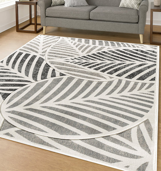 Silver Grey Leaf Hand-Carved Soft Living Room Area Rug