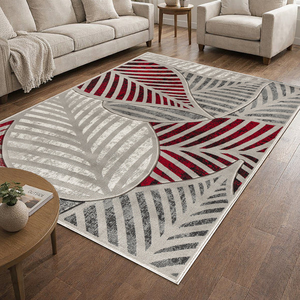 Red Silver Grey Leaf Hand-Carved Soft Living Room Area Rug