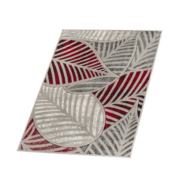 Red Silver Grey Leaf Hand-Carved Soft Living Room Area Rug