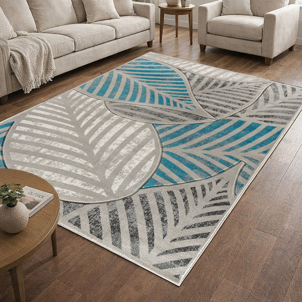 Turquoise Silver Grey Leaf Hand-Carved Soft Living Room Area Rug