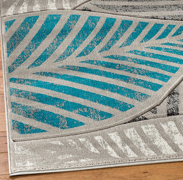 Turquoise Silver Grey Leaf Hand-Carved Soft Living Room Area Rug