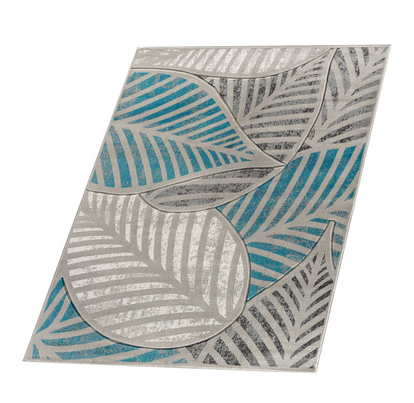 Turquoise Silver Grey Leaf Hand-Carved Soft Living Room Area Rug