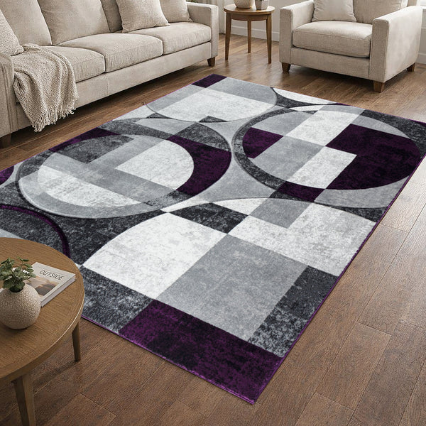 Silver Grey Purple Geometric Shapes Hand-Carved Abstract Soft Premium Modern Contemporary Non-Shedding Area Rug