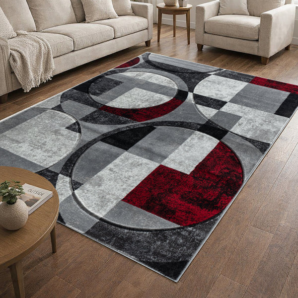 Silver Grey Red Geometric Shapes Hand-Carved Abstract Soft Premium Modern Contemporary Non-Shedding Area Rug