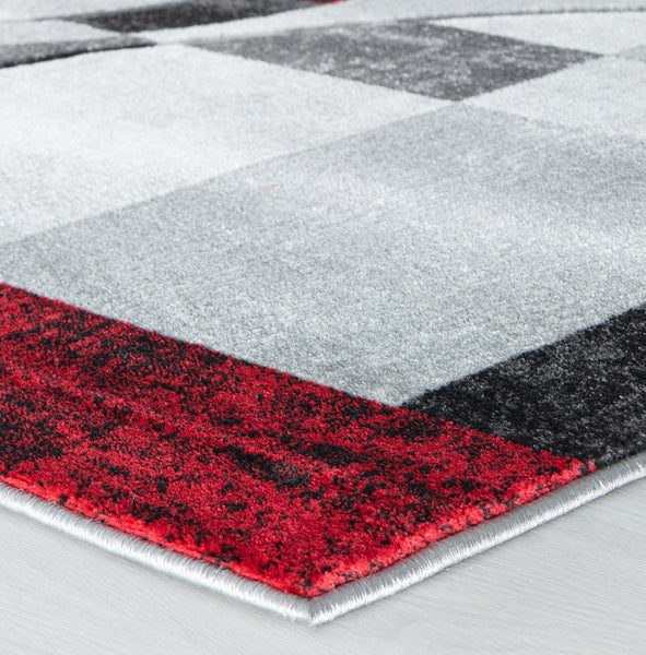 Silver Grey Red Geometric Shapes Hand-Carved Abstract Soft Premium Modern Contemporary Non-Shedding Area Rug