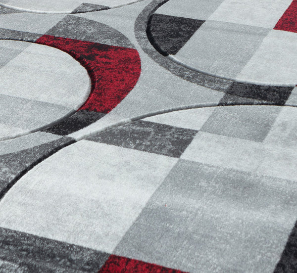 Silver Grey Red Geometric Shapes Hand-Carved Abstract Soft Premium Modern Contemporary Non-Shedding Area Rug