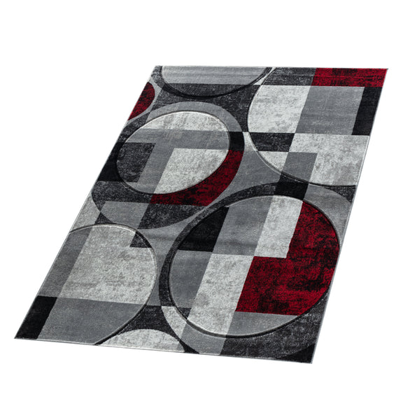 Silver Grey Red Geometric Shapes Hand-Carved Abstract Soft Premium Modern Contemporary Non-Shedding Area Rug