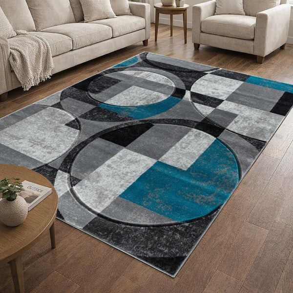Silver Grey Blue Turquoise Geometric Shapes Hand-Carved Abstract Soft Premium Modern Contemporary Non-Shedding Area Rug