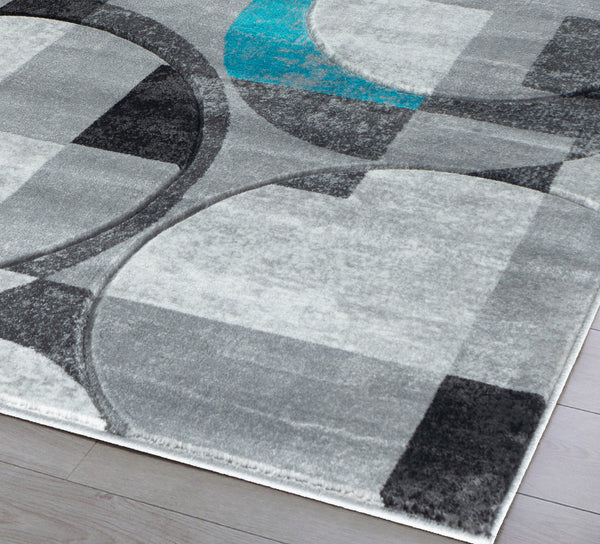 Silver Grey Blue Turquoise Geometric Shapes Hand-Carved Abstract Soft Premium Modern Contemporary Non-Shedding Area Rug