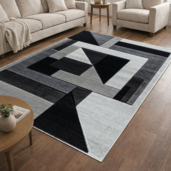 Silver Charcoal Grey Geometric Shapes Hand-Carved Abstract Soft Premium Modern Contemporary Non-Shedding Area Rug