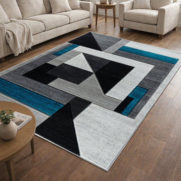 Turquoise Blue Teal Silver Charcoal Grey Geometric Shapes Hand-Carved Abstract Soft Premium Modern Contemporary Non-Shedding Area Rug