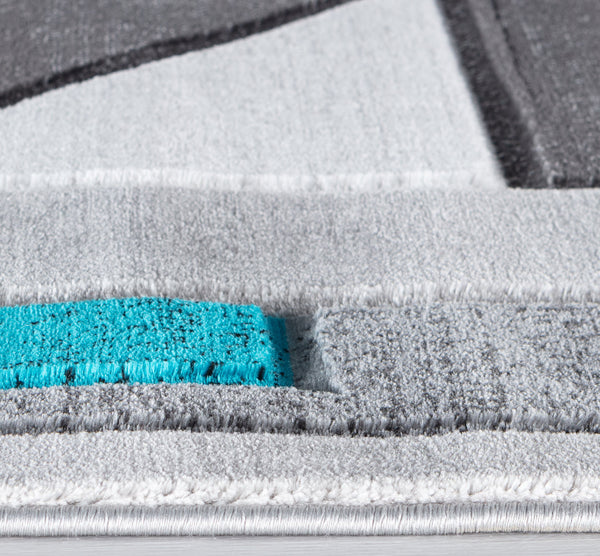 Turquoise Blue Teal Silver Charcoal Grey Geometric Shapes Hand-Carved Abstract Soft Premium Modern Contemporary Non-Shedding Area Rug