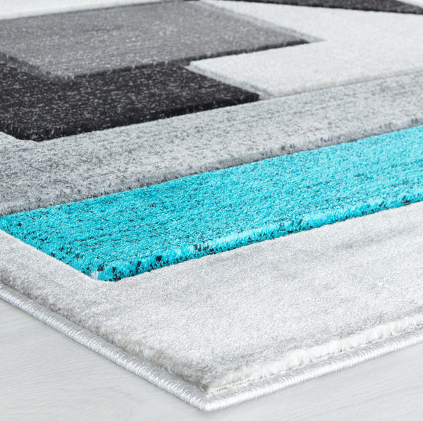 Turquoise Blue Teal Silver Charcoal Grey Geometric Shapes Hand-Carved Abstract Soft Premium Modern Contemporary Non-Shedding Area Rug