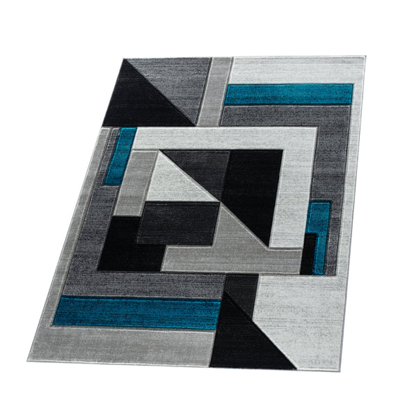 Turquoise Blue Teal Silver Charcoal Grey Geometric Shapes Hand-Carved Abstract Soft Premium Modern Contemporary Non-Shedding Area Rug