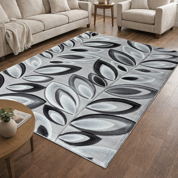 Silver Grey Floral Nature Leaf Hand-Carved Abstract Soft Premium Modern Contemporary Non-Shedding Area Rug