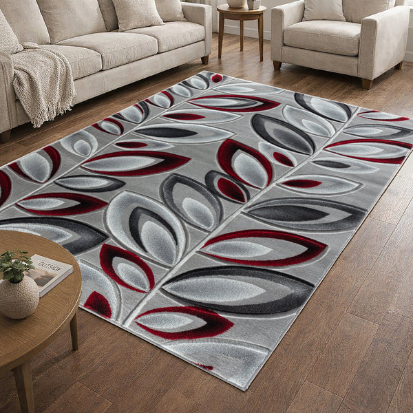 Red Silver Floral Nature Leaf Hand-Carved Abstract Soft Premium Modern Contemporary Non-Shedding Area Rug