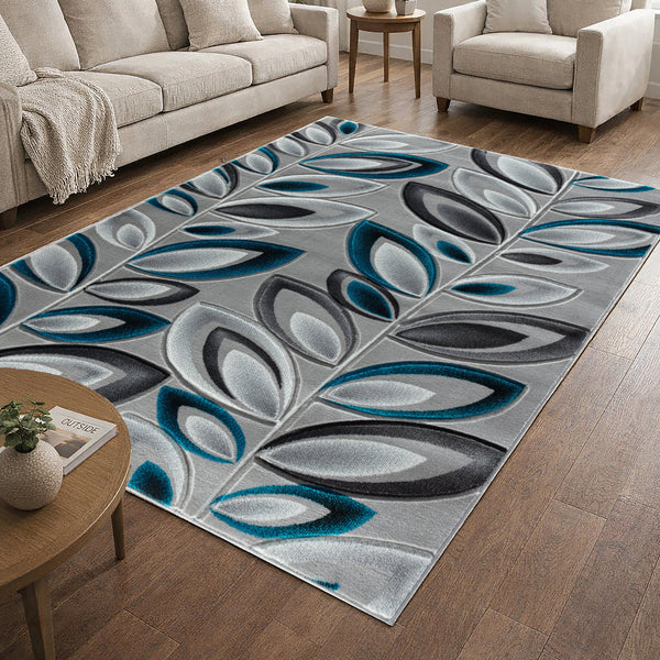 Blue Turquoise Teal Silver Floral Nature Leaf Hand-Carved Abstract Soft Premium Modern Contemporary Non-Shedding Area Rug