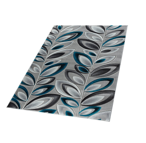 Blue Turquoise Teal Silver Floral Nature Leaf Hand-Carved Abstract Soft Premium Modern Contemporary Non-Shedding Area Rug