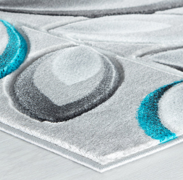 Blue Turquoise Teal Silver Floral Nature Leaf Hand-Carved Abstract Soft Premium Modern Contemporary Non-Shedding Area Rug