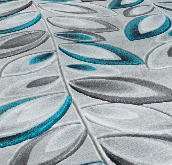 Blue Turquoise Teal Silver Floral Nature Leaf Hand-Carved Abstract Soft Premium Modern Contemporary Non-Shedding Area Rug