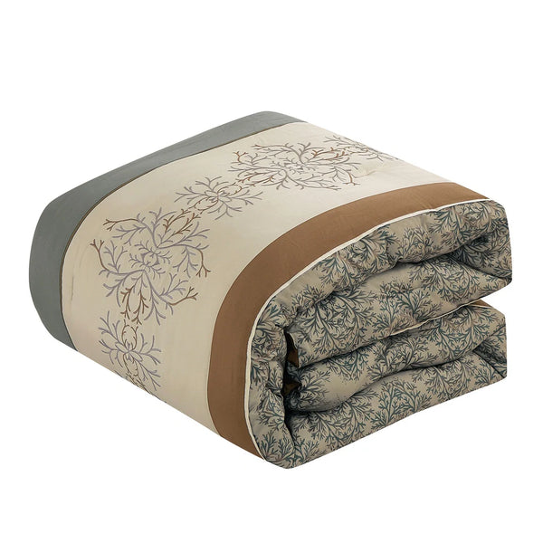 7 Piece Brown Grey Modern Striped Floral Bedding Comforter Set