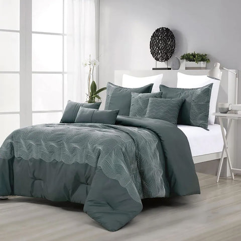Queen Size 7 Piece Grey Waves Striped Soft Bedding Comforter Set
