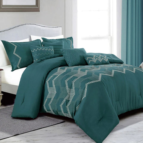 7 Piece Teal Boho Embroidery Soft Bedding Comforter Set